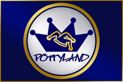 Blaue Flagge mit Goldapplikationen, weißem Kreis, blauer Krone, Aufschrift: Pottyland